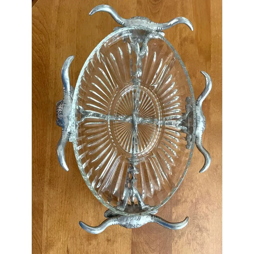 Arthur Court? Texas Bull Longhorn Cow Glass Eyes Serving Dish &Insert Signed Vtg